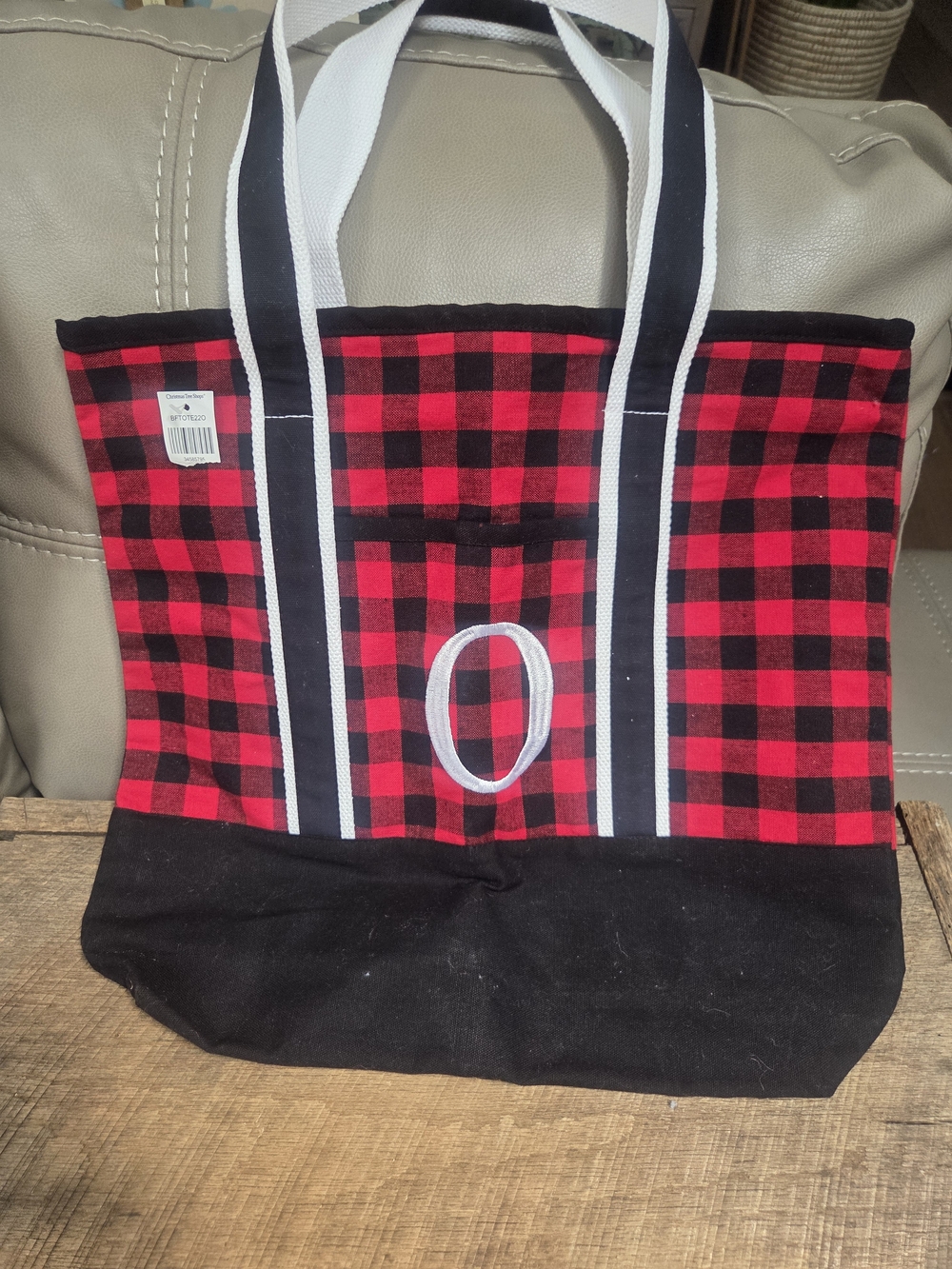 NWT Red & Black Buffalo Plaid Canvas Monogram Tote Bag Letter O ~ Bin 1G